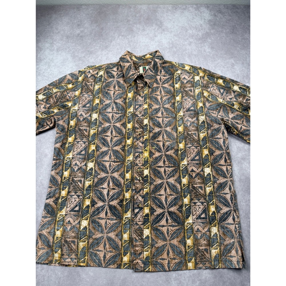 VTG Tori Richard Honolulu Men L Brown Tribal Geometric Cotton Aloha Shirt USA
